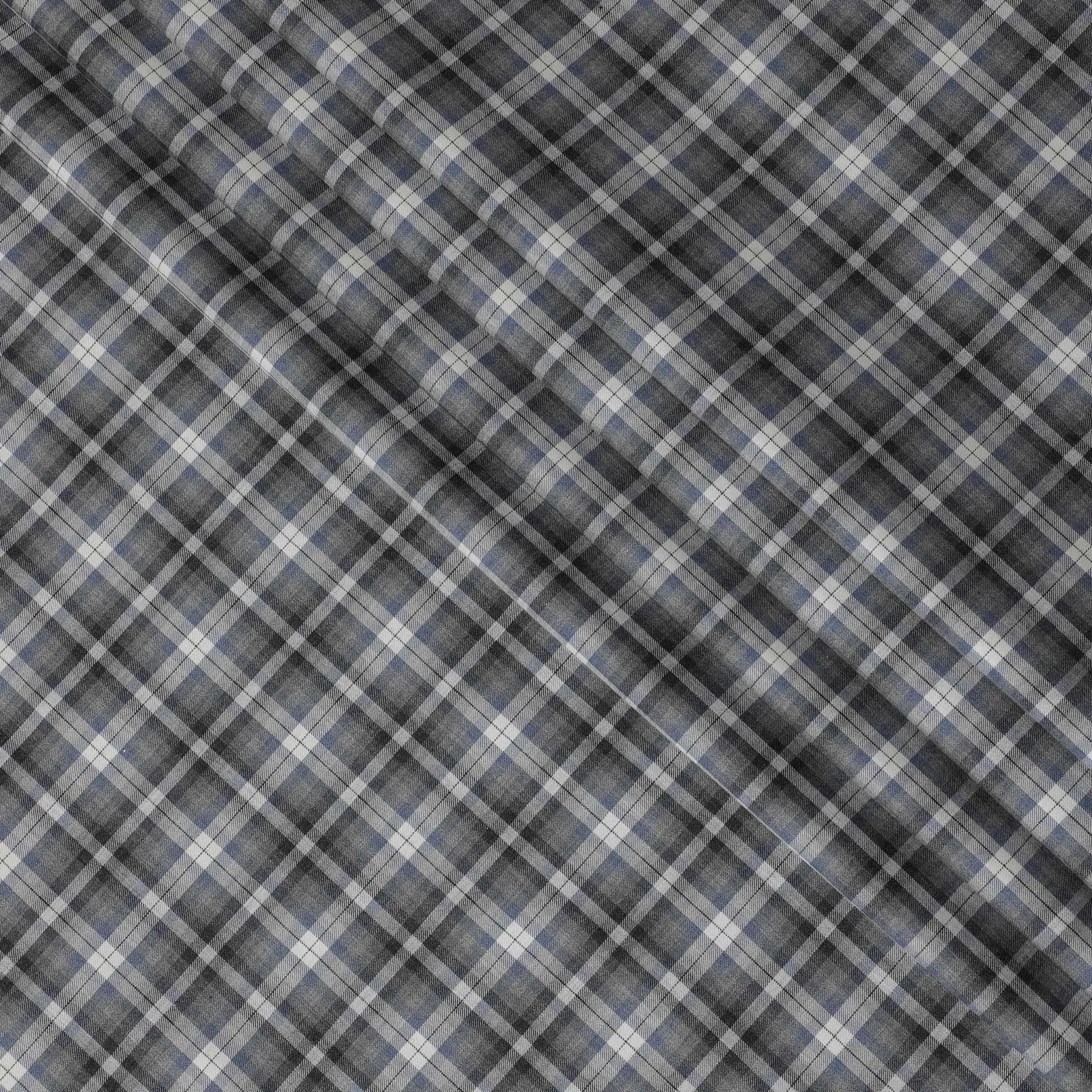 Cloud grey Premium Italian blended cotton shirting fabric with powder blue, black and ivory checks design-D10942