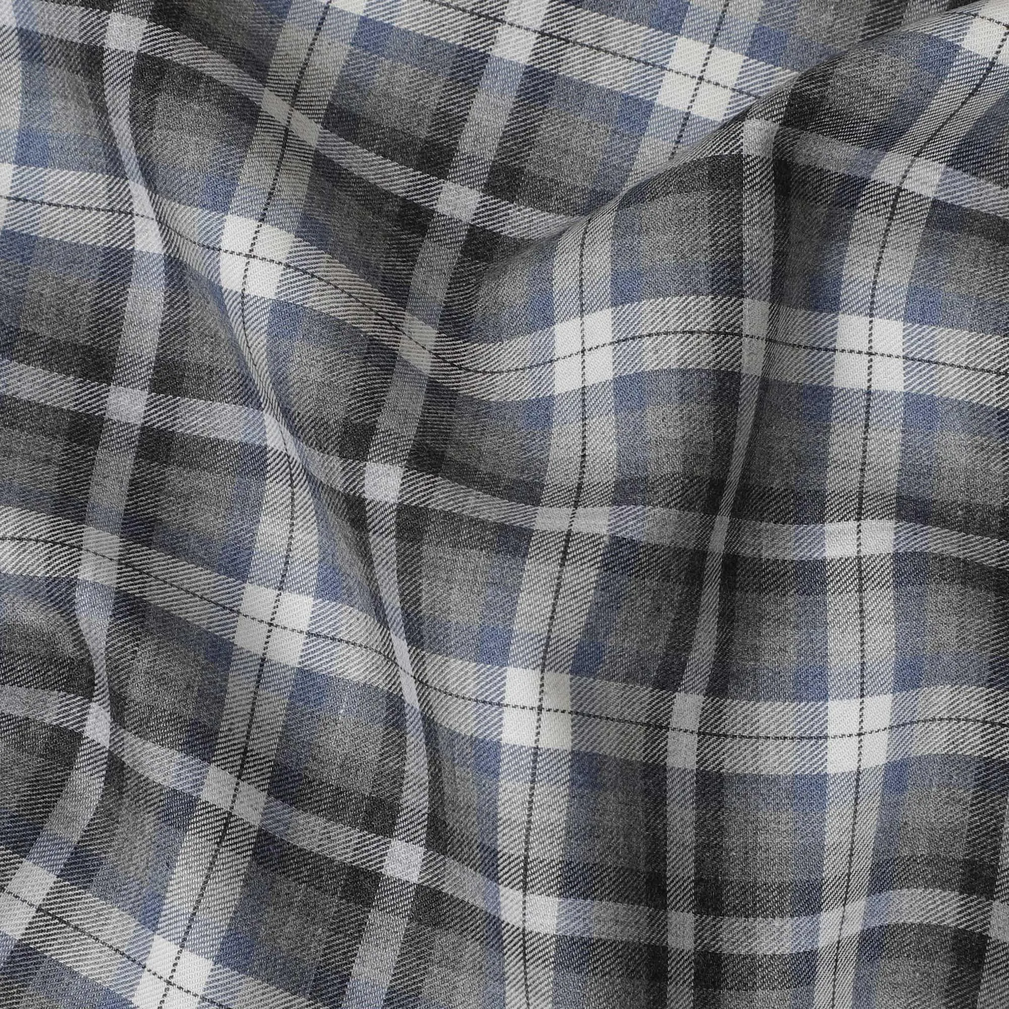 Cloud grey Premium Italian blended cotton shirting fabric with powder blue, black and ivory checks design-D10942