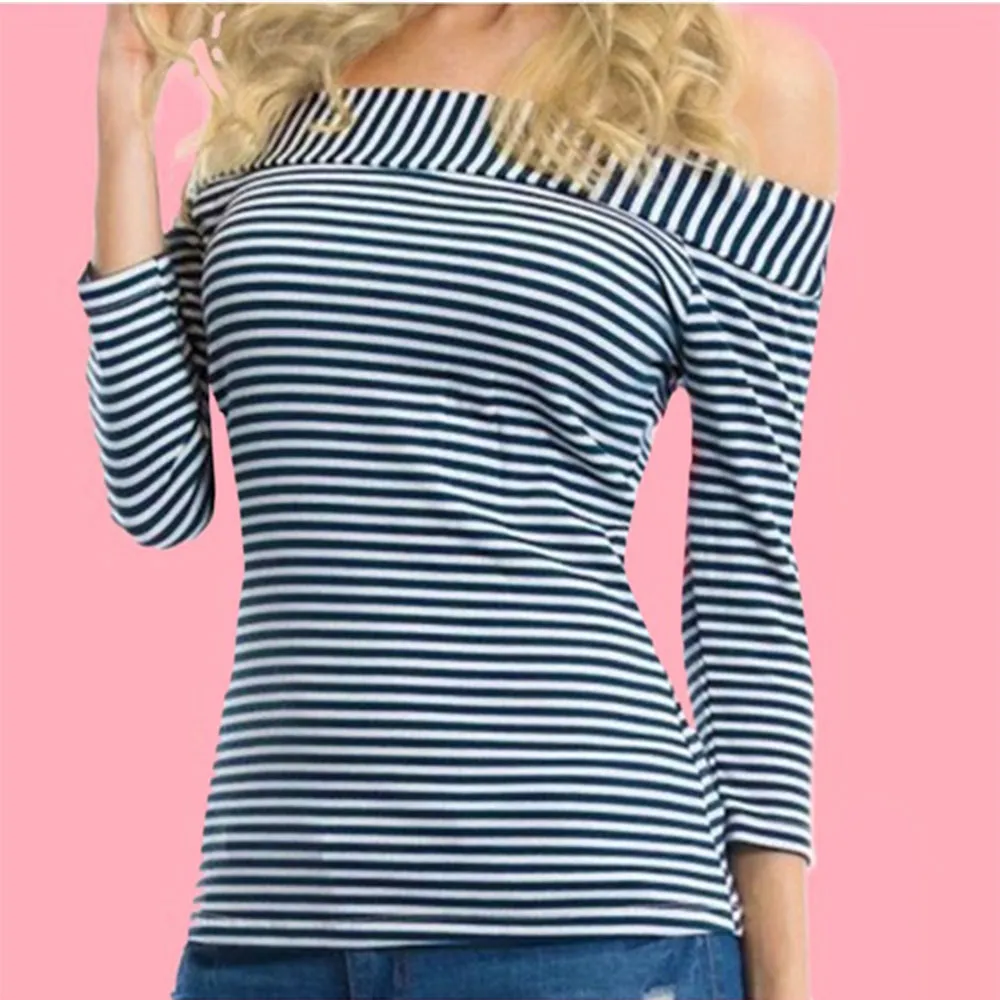 Contrast Collar Navy & White Stripe Off Shoulder 3/4 Sleeve Top