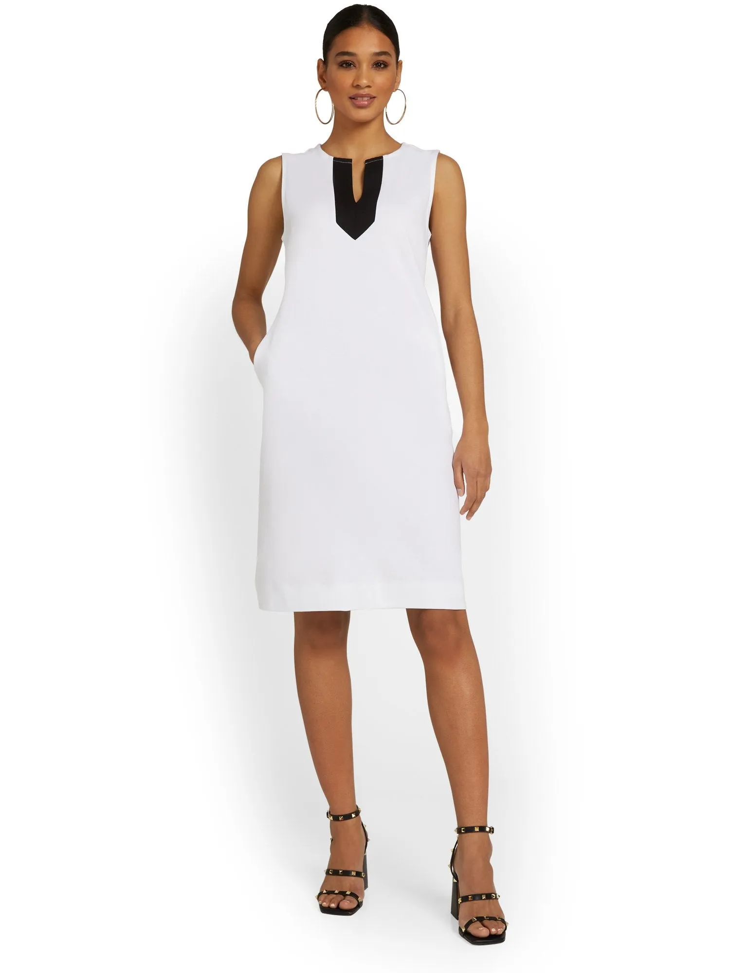 Contrast Split-Neck Shift Dress - City Knits