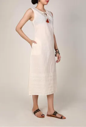 Cream Chikankari Dress With Tassels