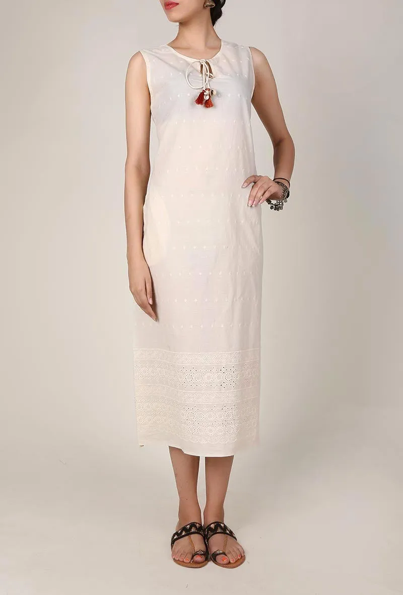 Cream Chikankari Dress With Tassels