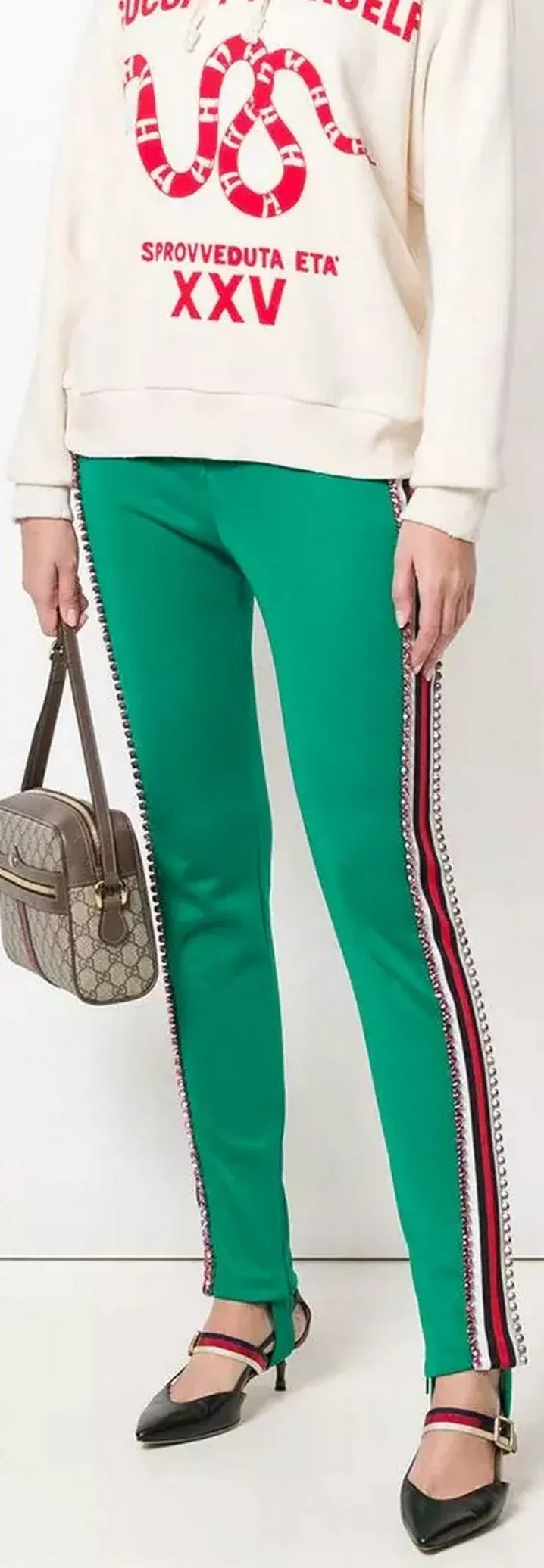 Crystal Embellished Stirrup Leggings, Green