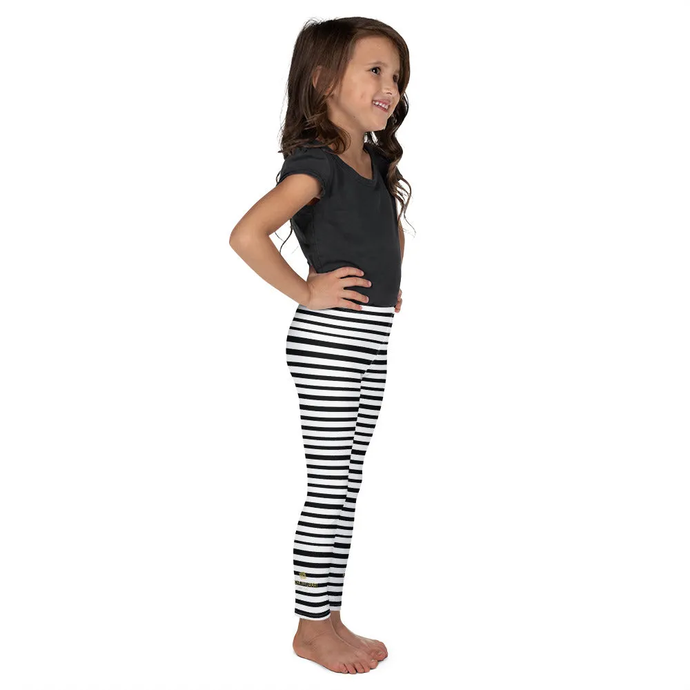 Cute Black & White Girl's Tights, Horizontal Stripe Print Kid's Leggings Fitness Pants - Made in USA/EU