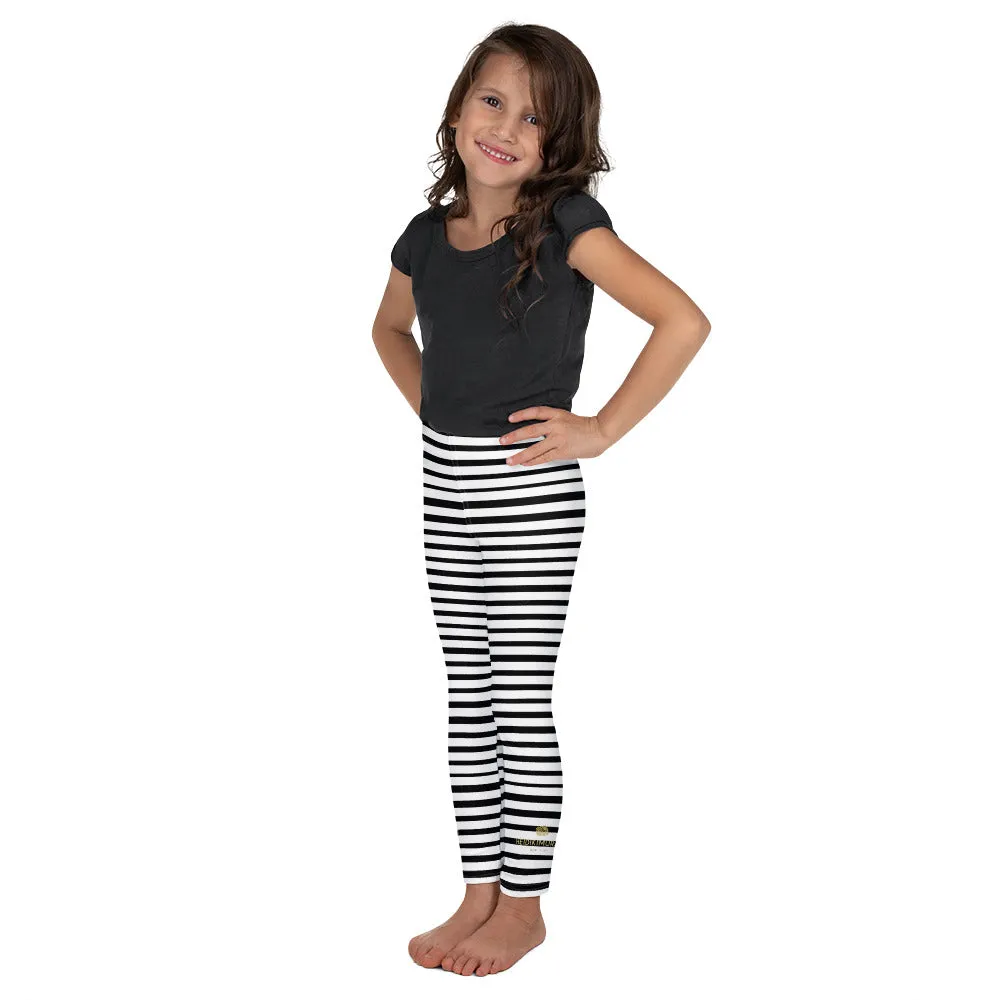 Cute Black & White Girl's Tights, Horizontal Stripe Print Kid's Leggings Fitness Pants - Made in USA/EU