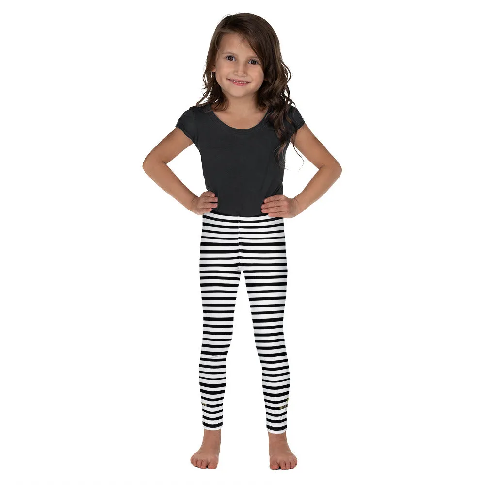 Cute Black & White Girl's Tights, Horizontal Stripe Print Kid's Leggings Fitness Pants - Made in USA/EU