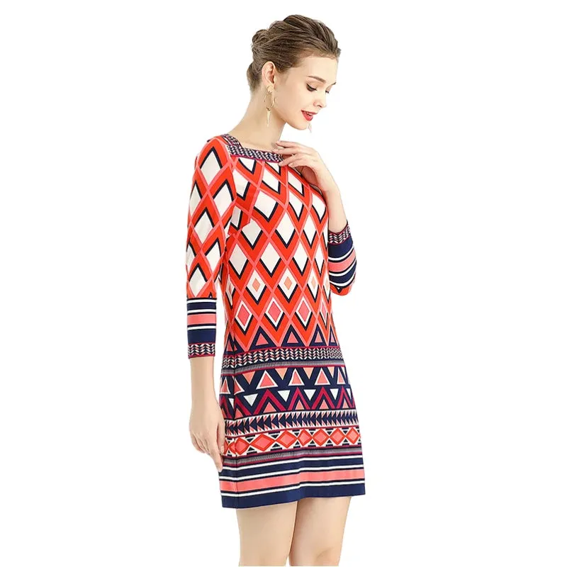 D079 Women geometric print boat neck three quarter sleeves mini day dress