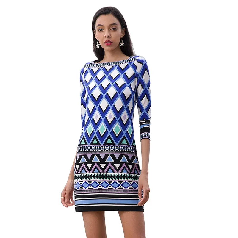 D079 Women geometric print boat neck three quarter sleeves mini day dress