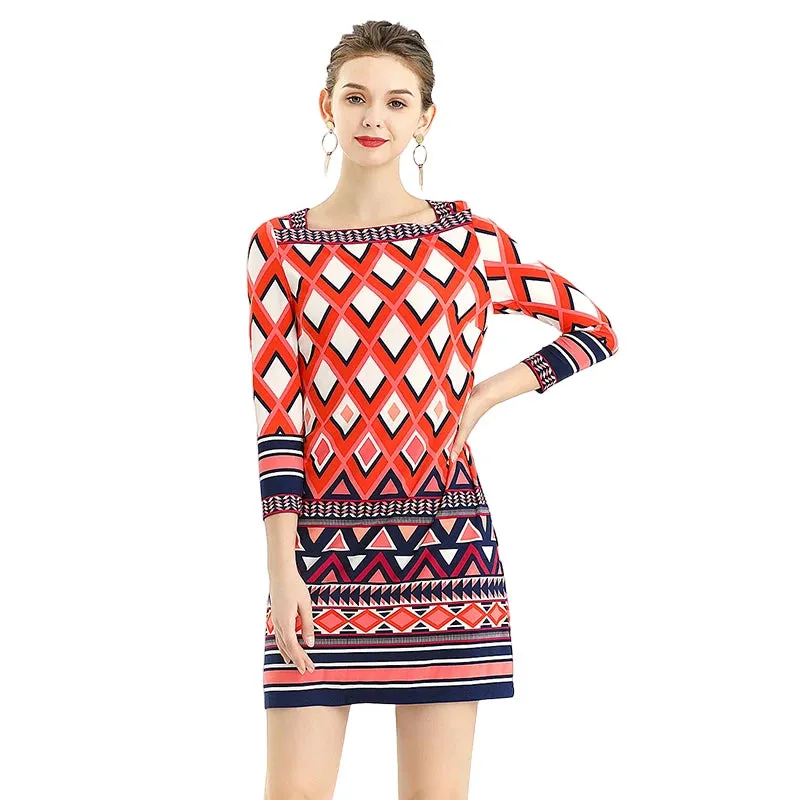 D079 Women geometric print boat neck three quarter sleeves mini day dress