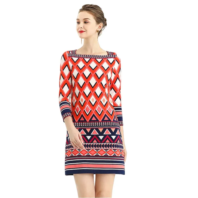 D079 Women geometric print boat neck three quarter sleeves mini day dress