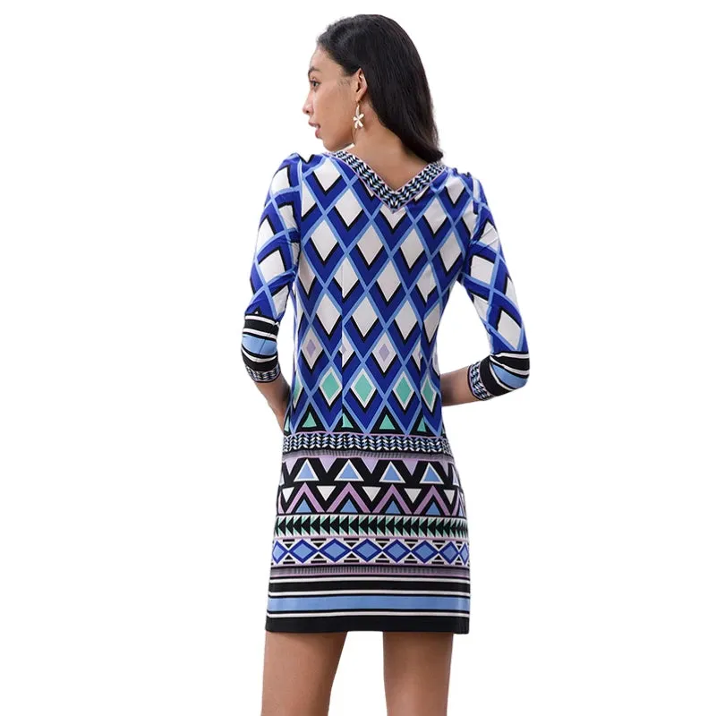 D079 Women geometric print boat neck three quarter sleeves mini day dress