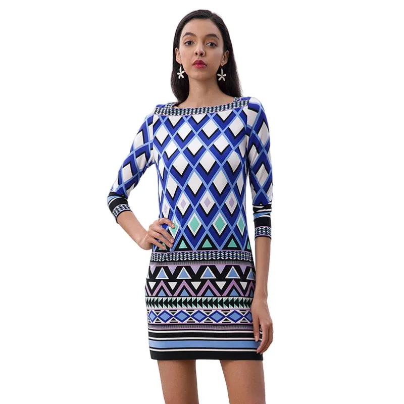 D079 Women geometric print boat neck three quarter sleeves mini day dress