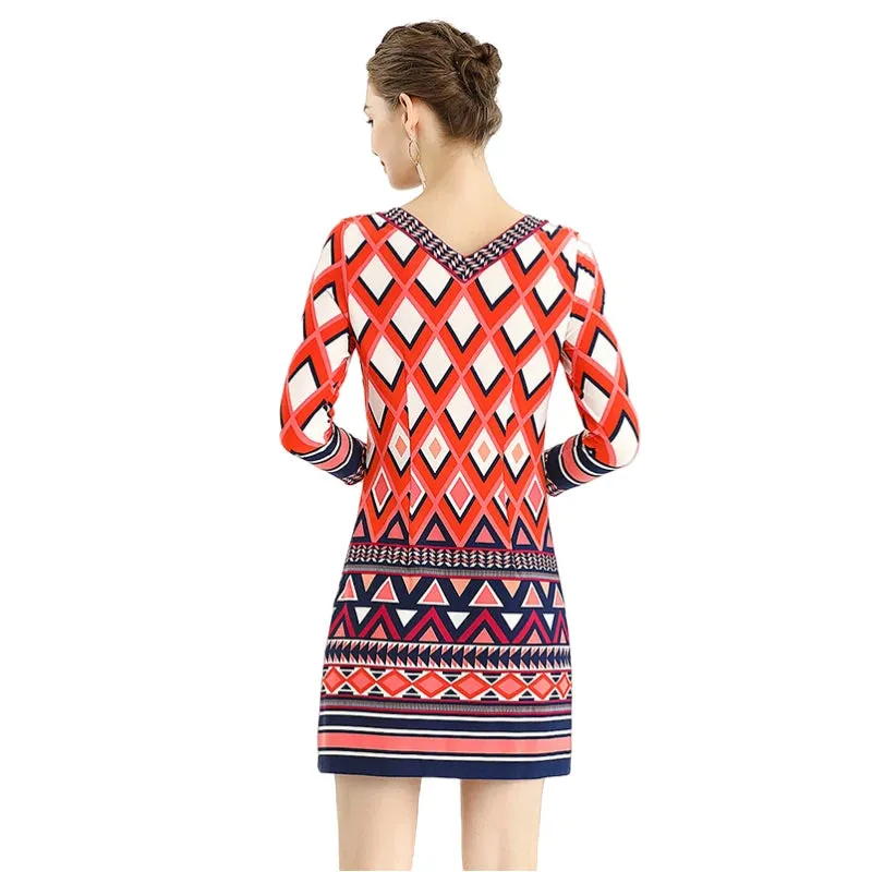 D079 Women geometric print boat neck three quarter sleeves mini day dress