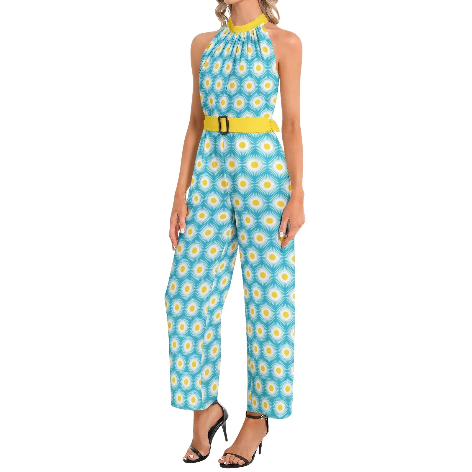 Daisy Print Halter Neck Buckle Belted Jumpsuit