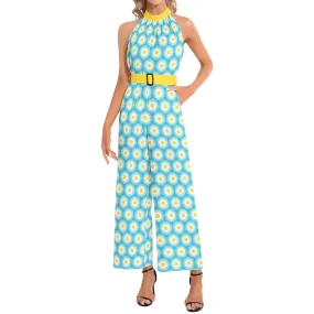 Daisy Print Halter Neck Buckle Belted Jumpsuit