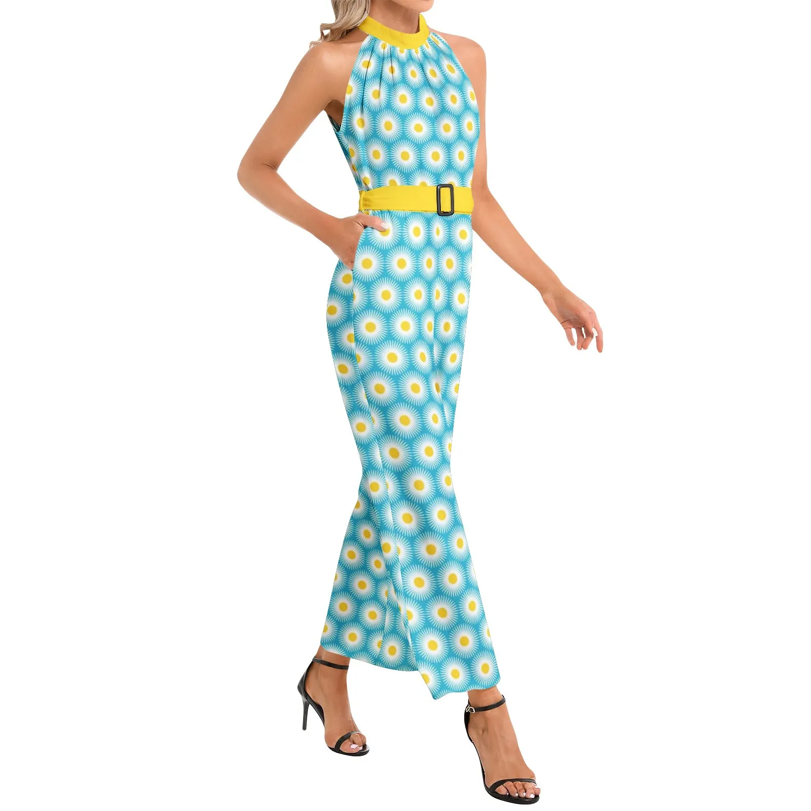 Daisy Print Halter Neck Buckle Belted Jumpsuit