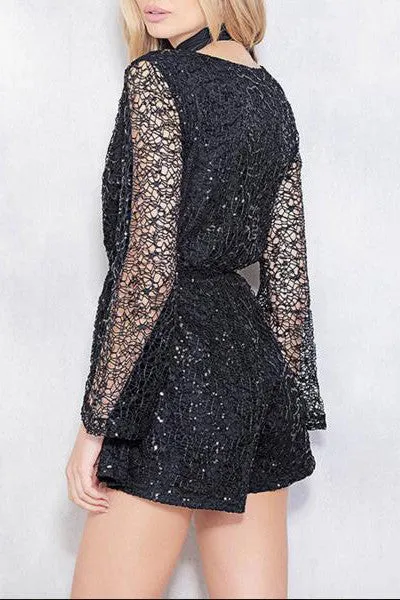 Deep V-neck Long Sleeves Sequins Lace Romper