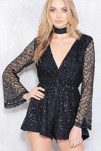 Deep V-neck Long Sleeves Sequins Lace Romper