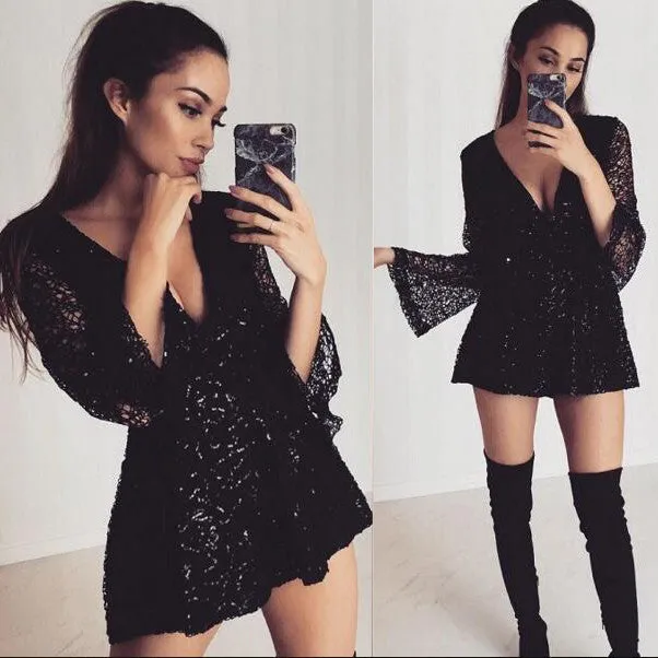 Deep V-neck Long Sleeves Sequins Lace Romper