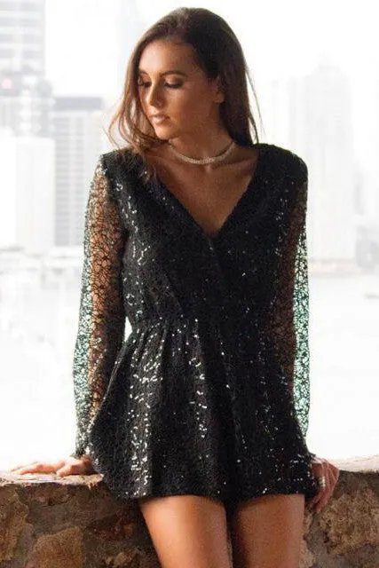 Deep V-neck Long Sleeves Sequins Lace Romper