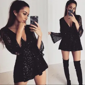 Deep V-neck Long Sleeves Sequins Lace Romper