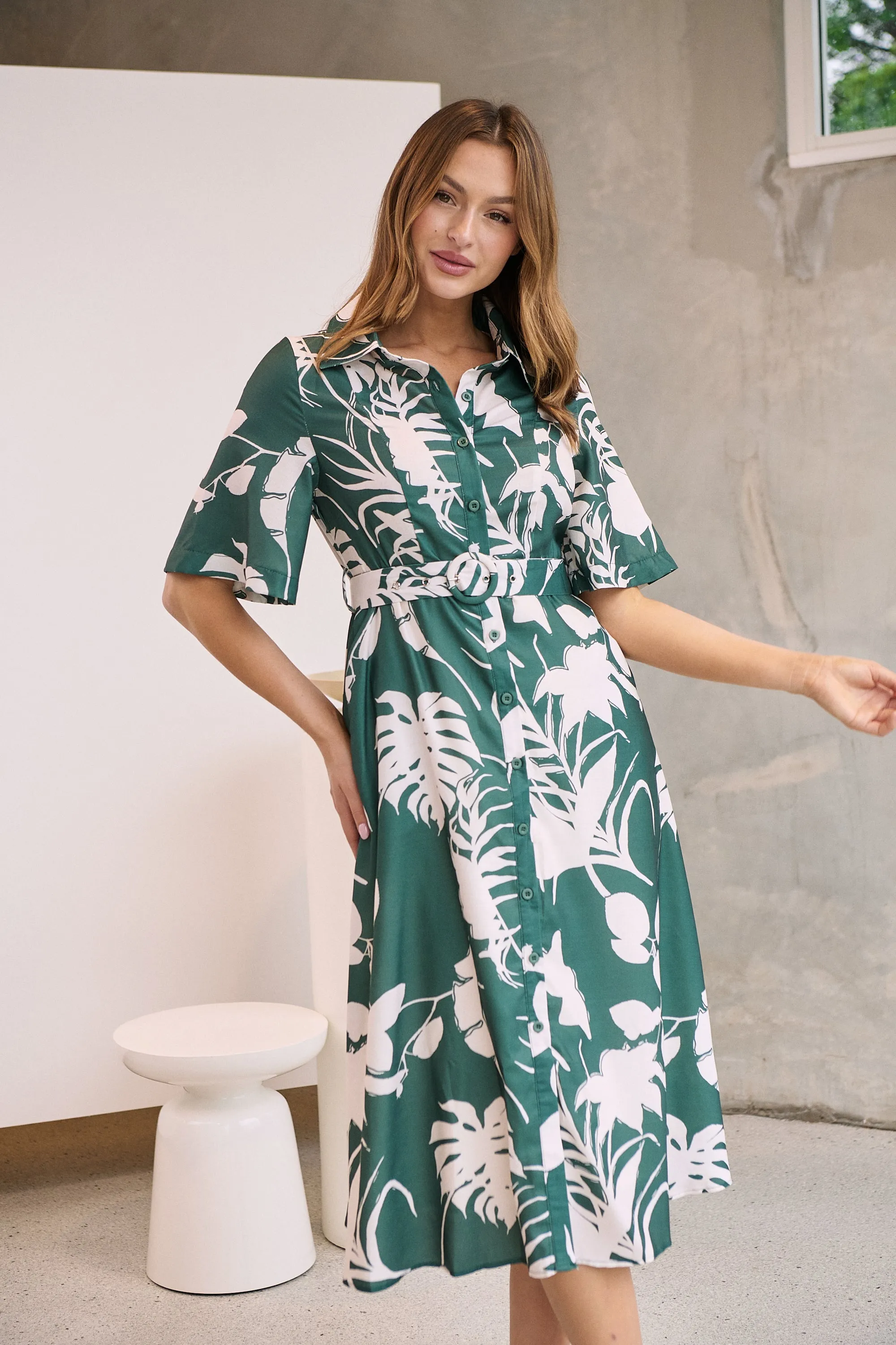 Delaney Green/White Print Button Front Midi Dress