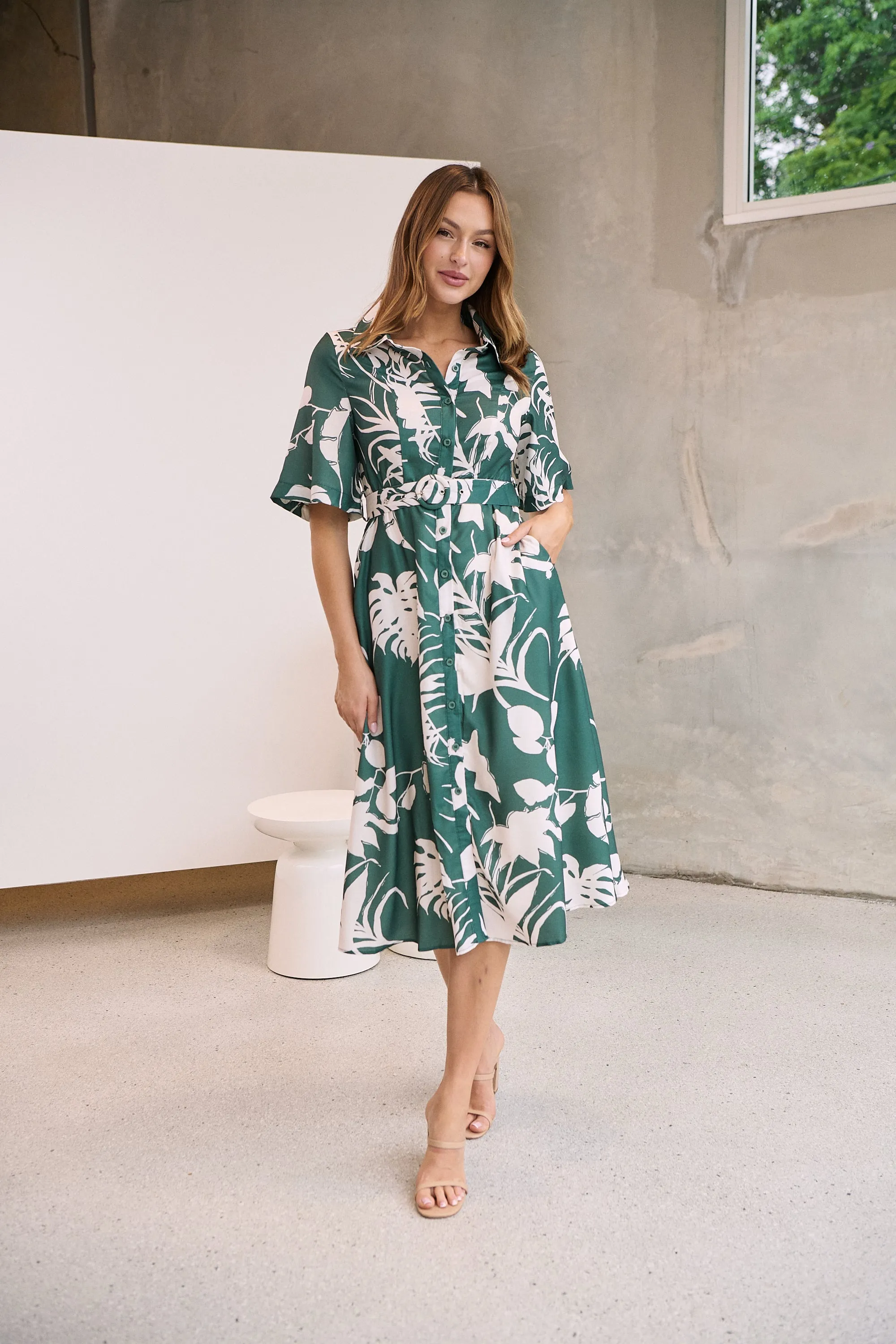 Delaney Green/White Print Button Front Midi Dress