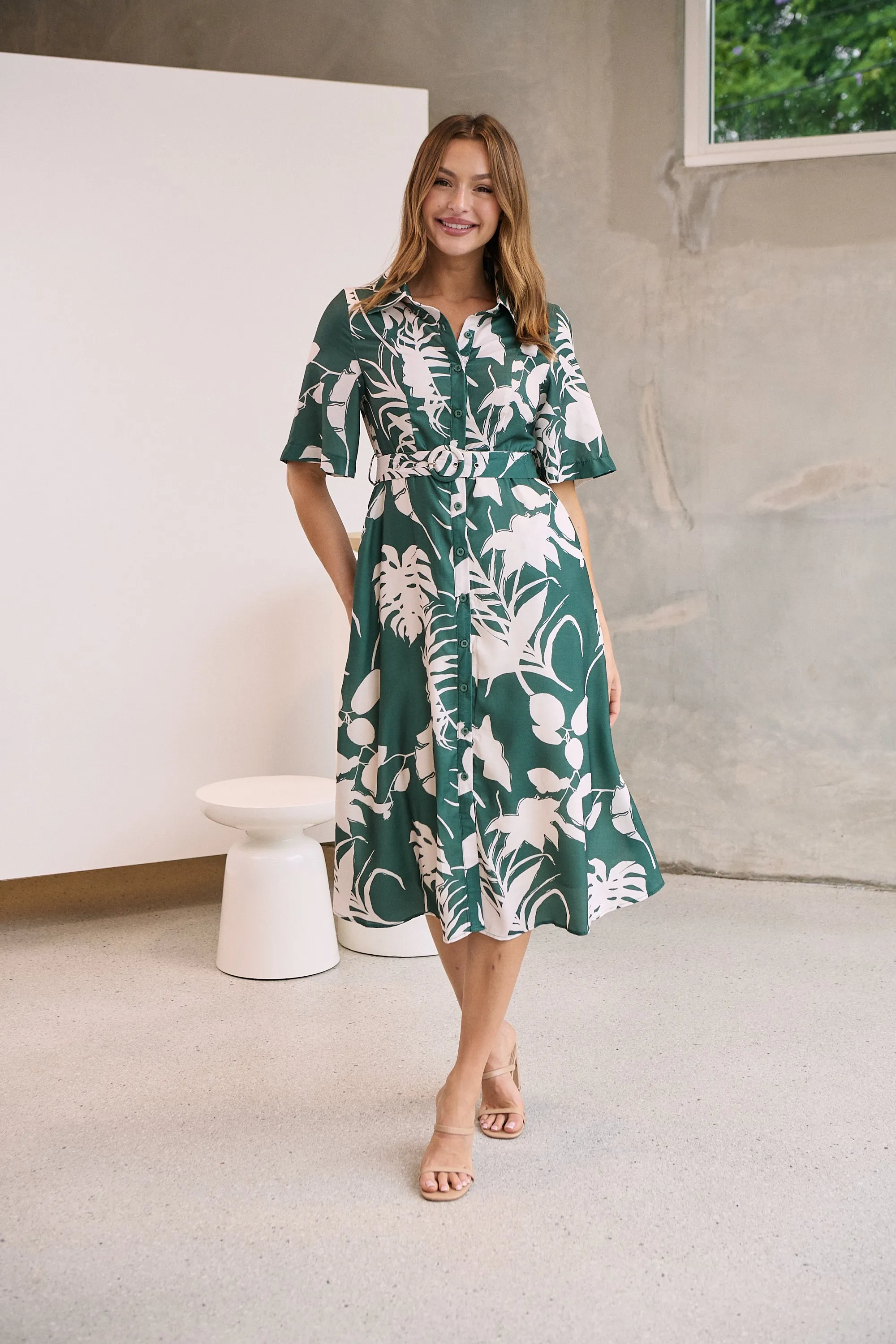 Delaney Green/White Print Button Front Midi Dress