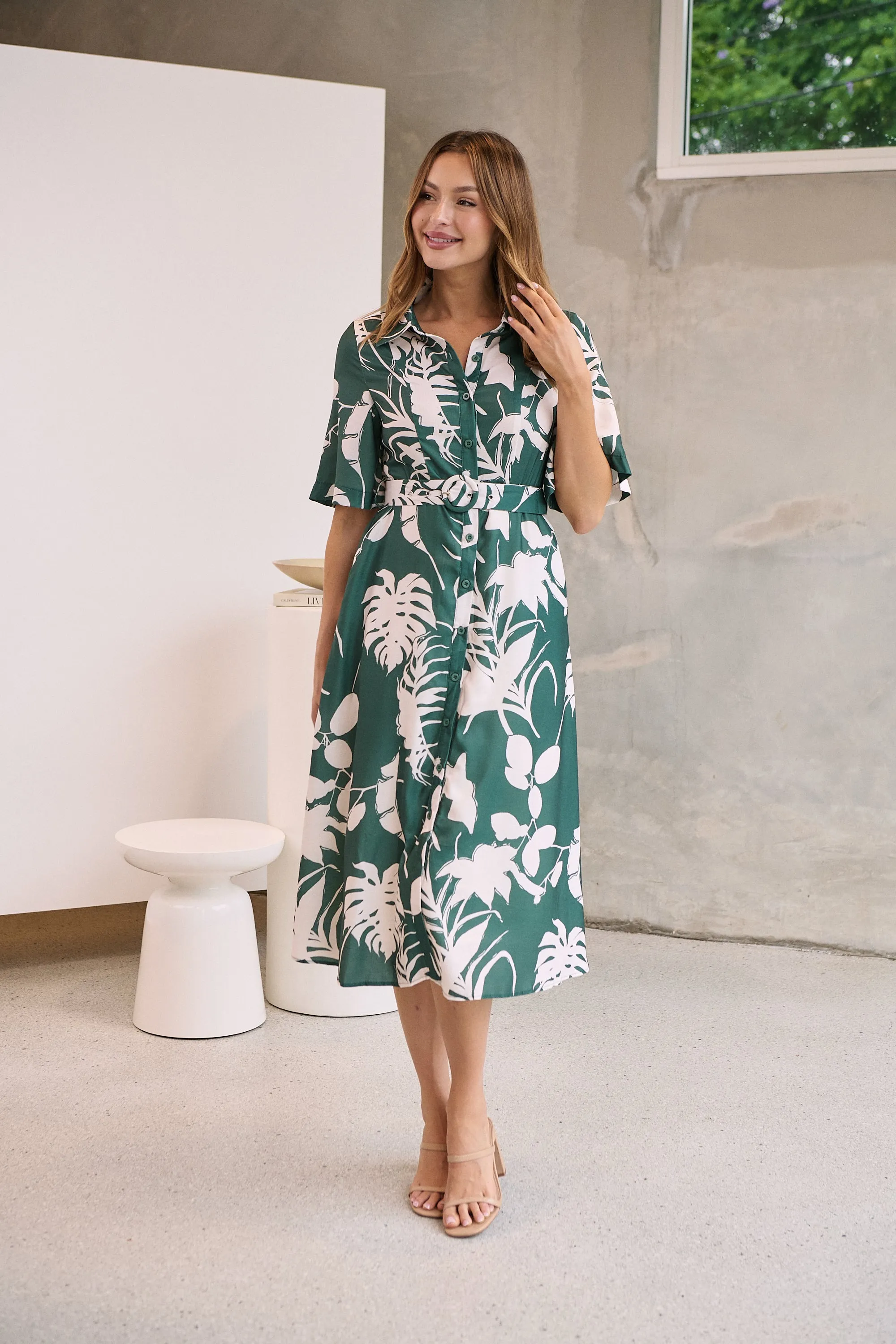 Delaney Green/White Print Button Front Midi Dress