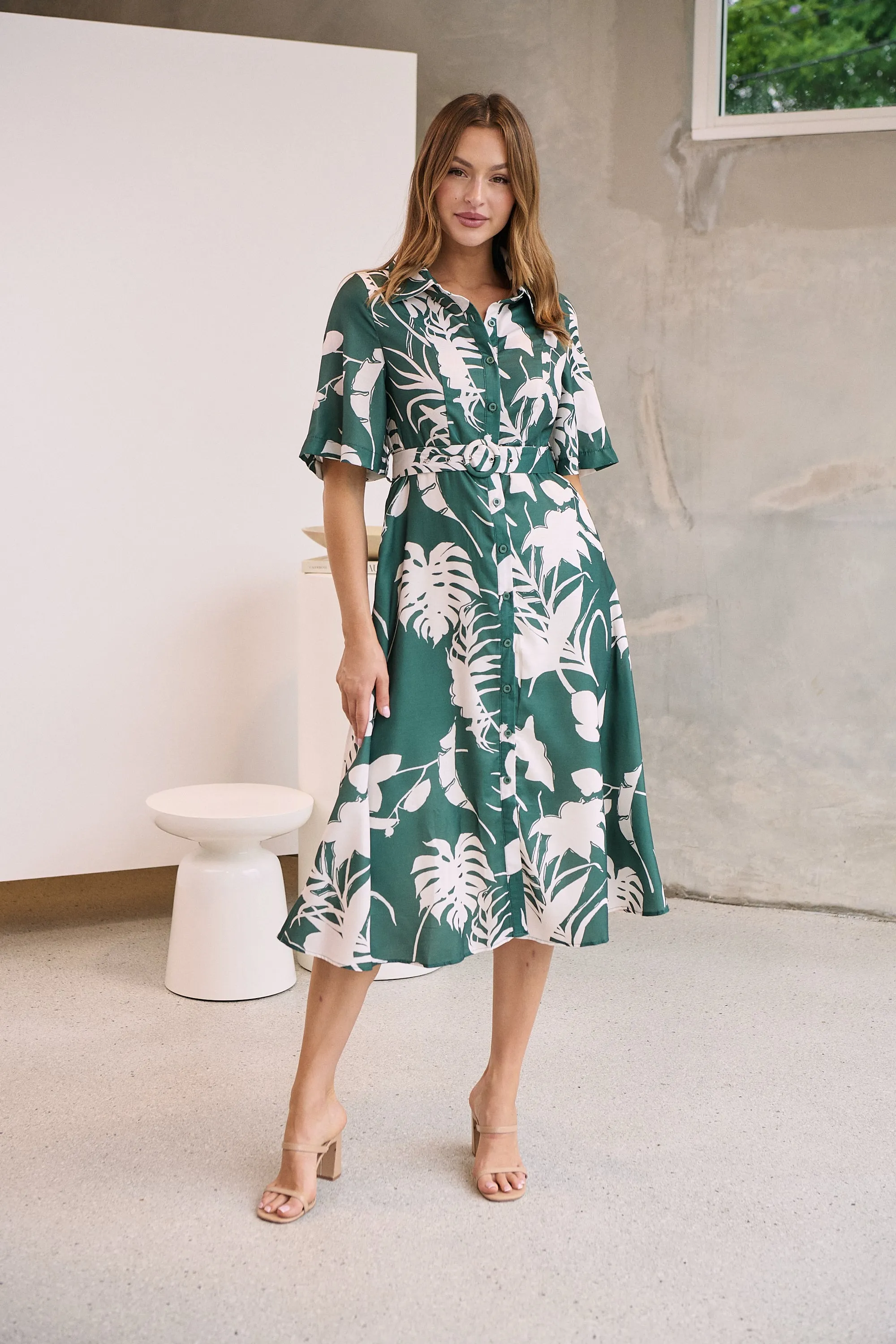 Delaney Green/White Print Button Front Midi Dress