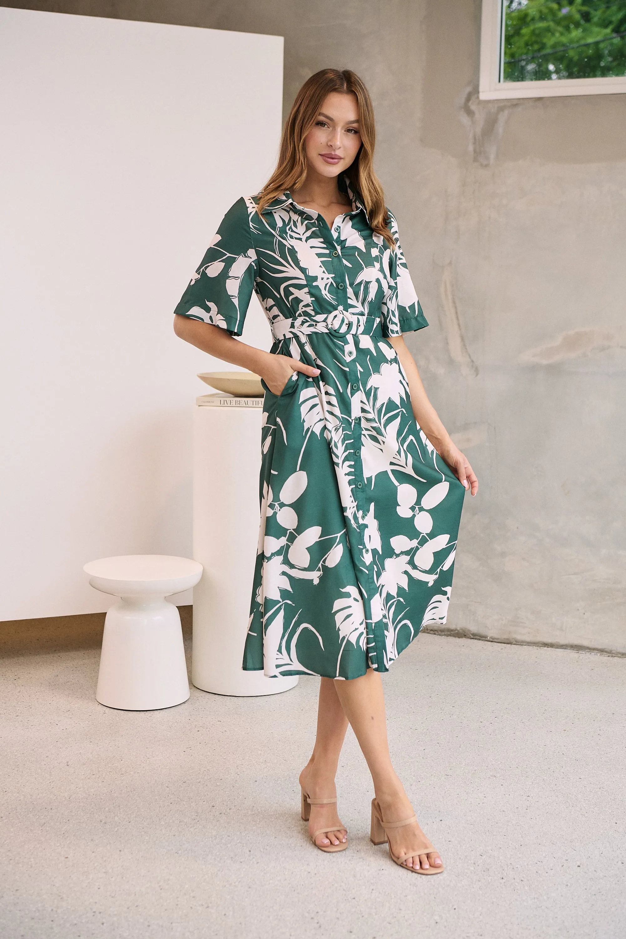 Delaney Green/White Print Button Front Midi Dress