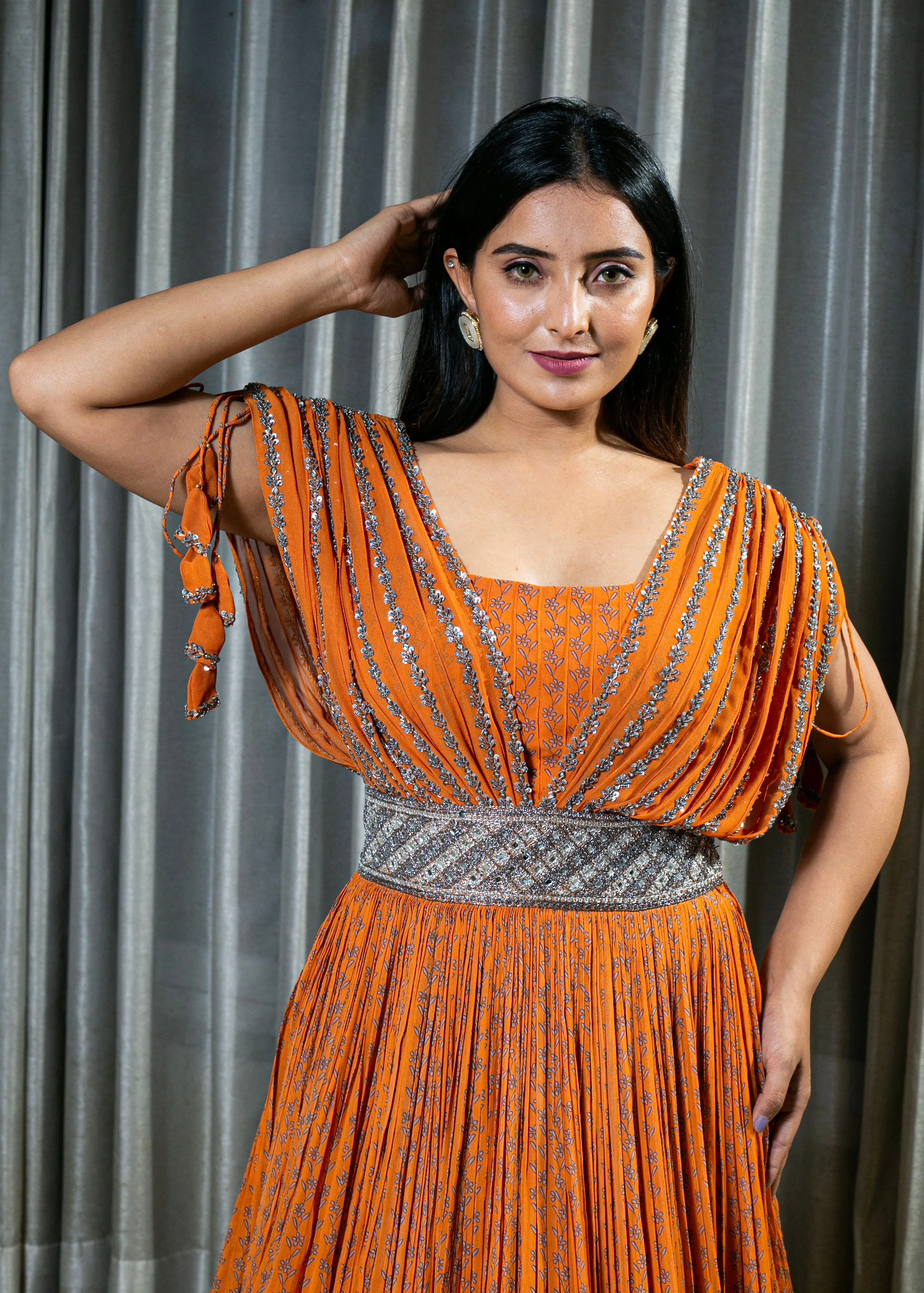 Designer Orange Georgette Dress with Handcrafted Embellishments