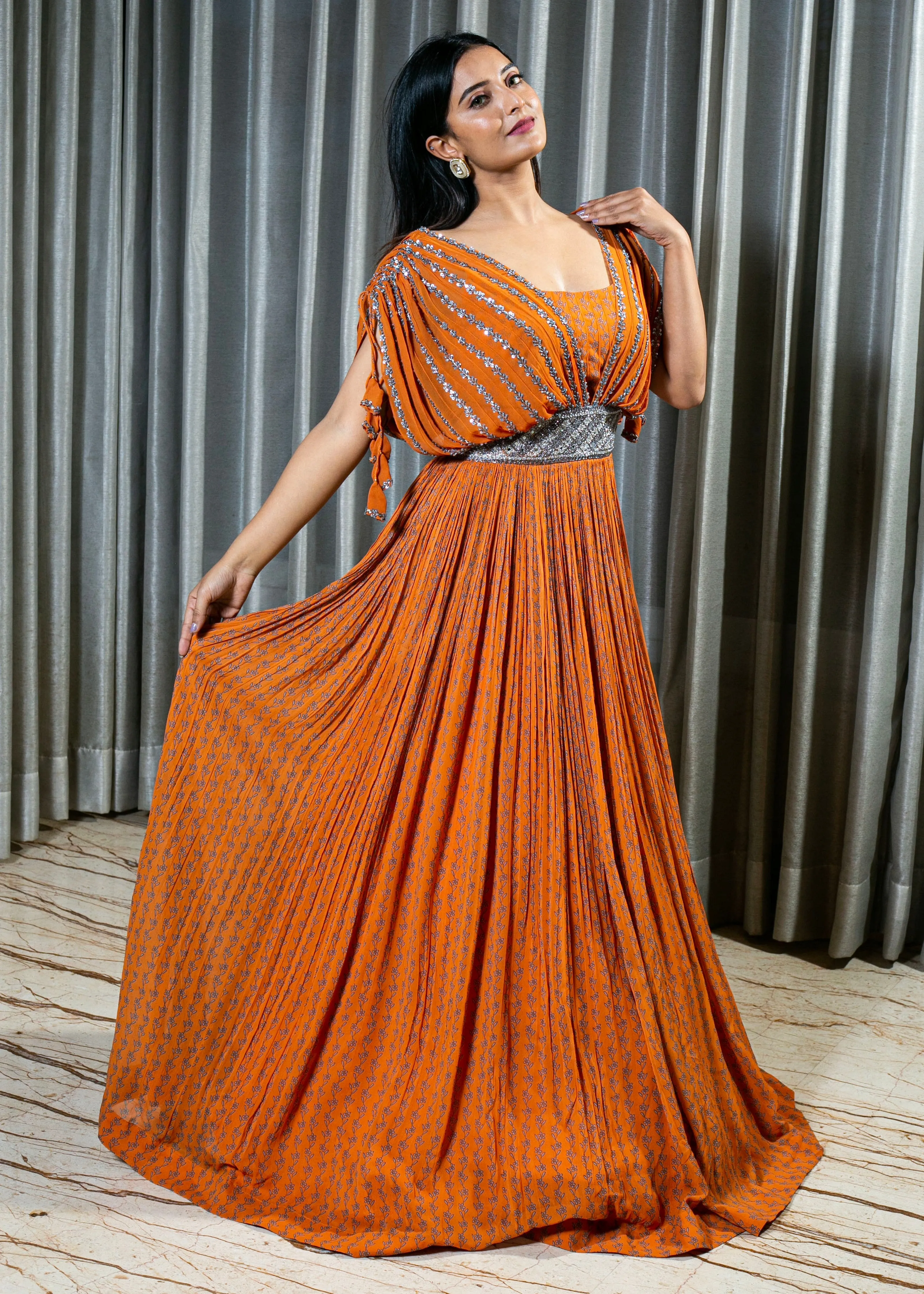 Designer Orange Georgette Dress with Handcrafted Embellishments