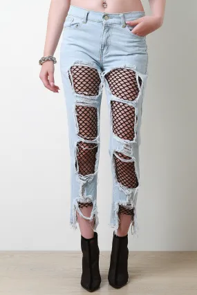 Destroyed Fishnet-Inset Fray Hem Jeans