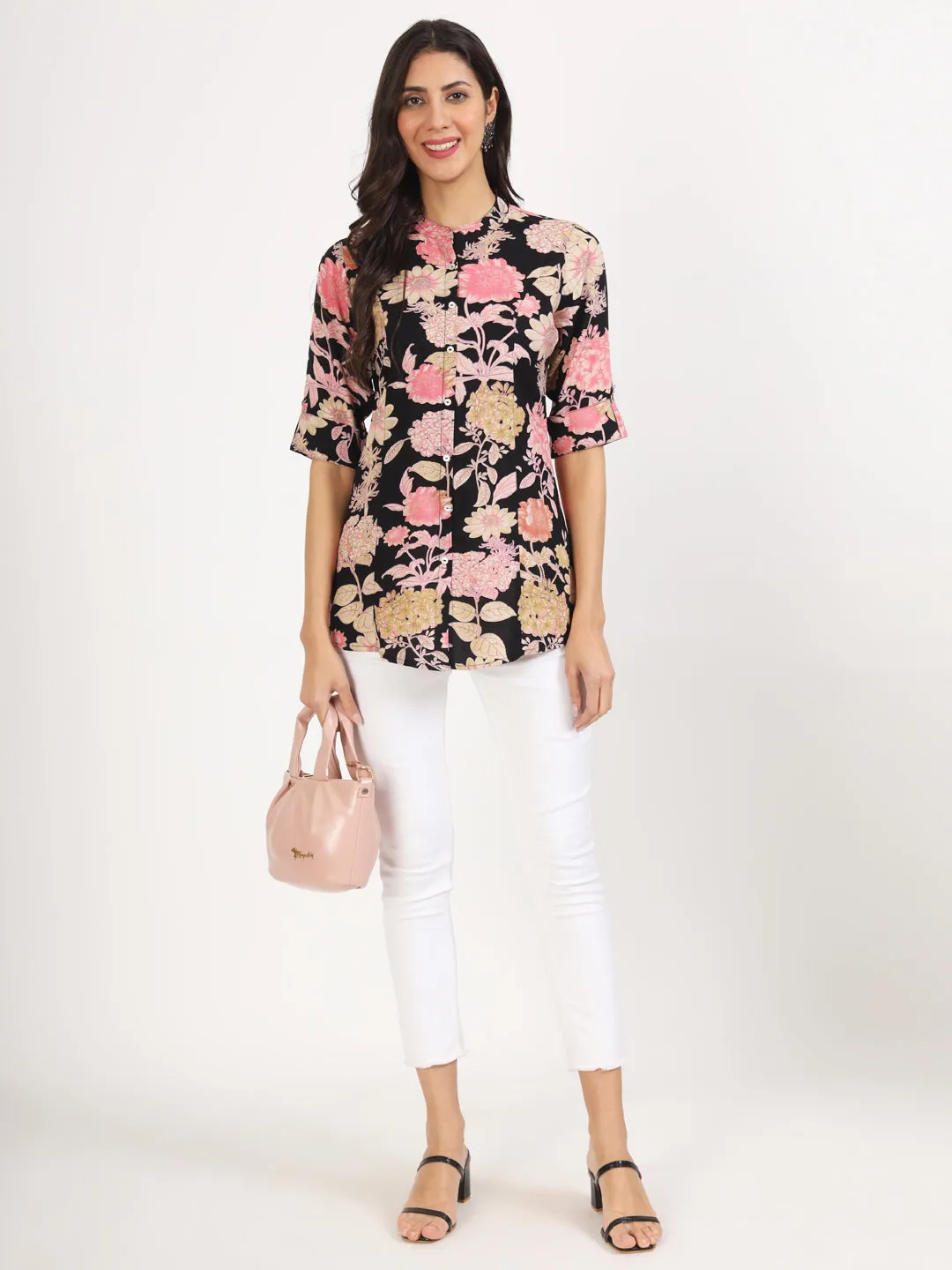 Divena Black Floral Printed Rayon Top