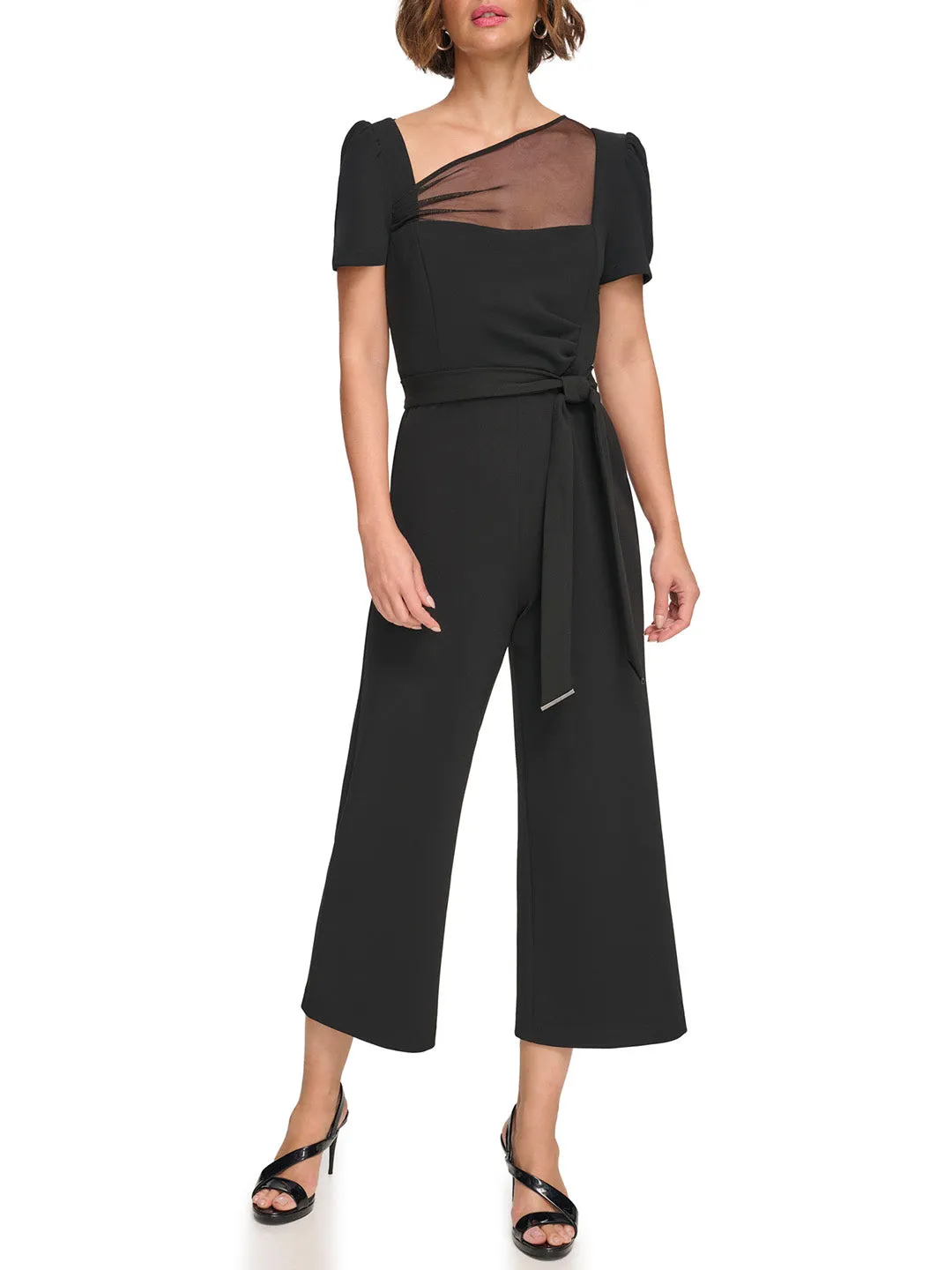 DKNY Women Black Solid Shirt Collar Short Sleeves Jumpsuit