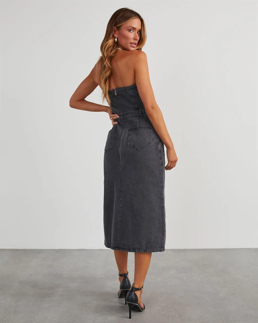 Edgy Era Denim Strapless Midi Dress