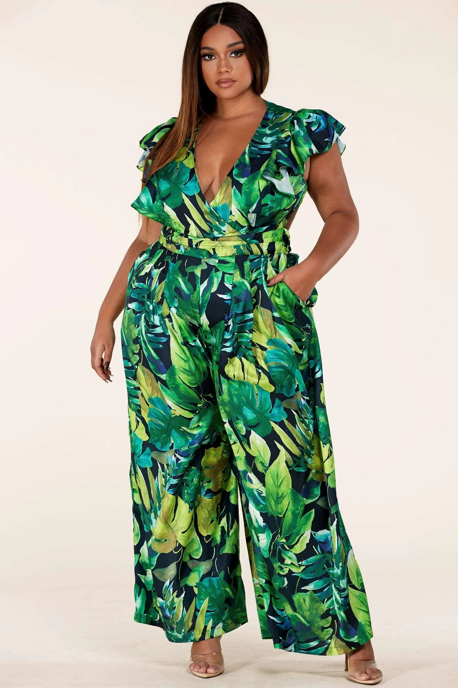 Fasheabe Forest leaf print cutout jumpsuit