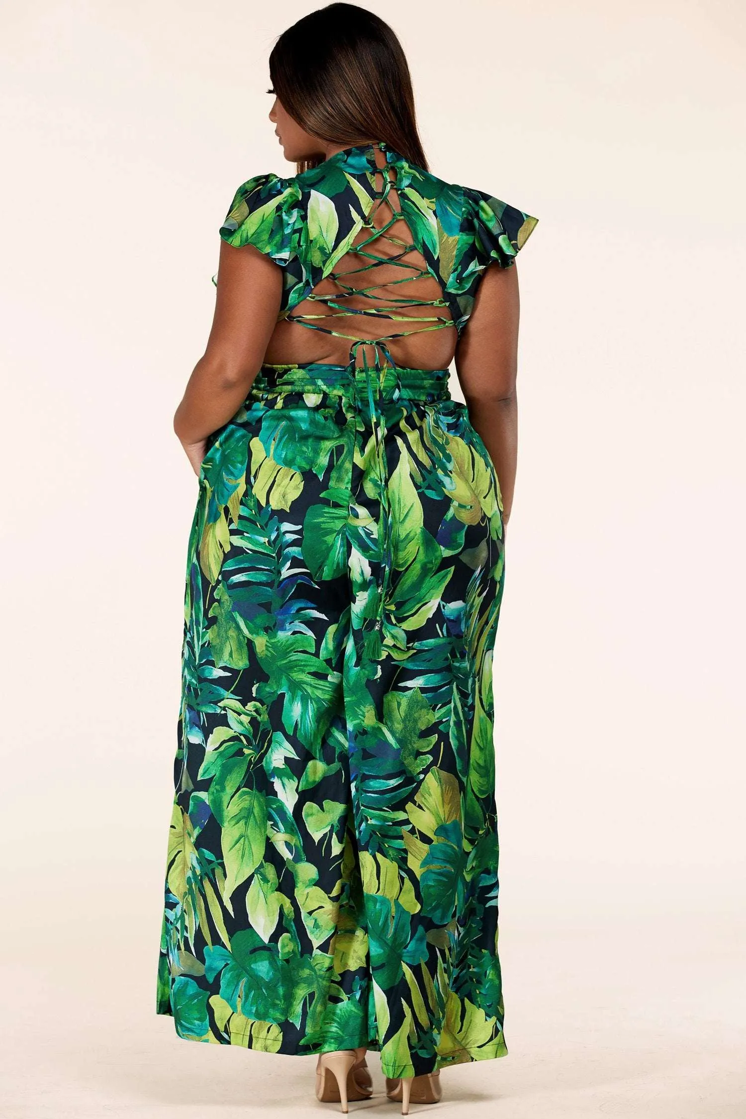 Fasheabe Forest leaf print cutout jumpsuit