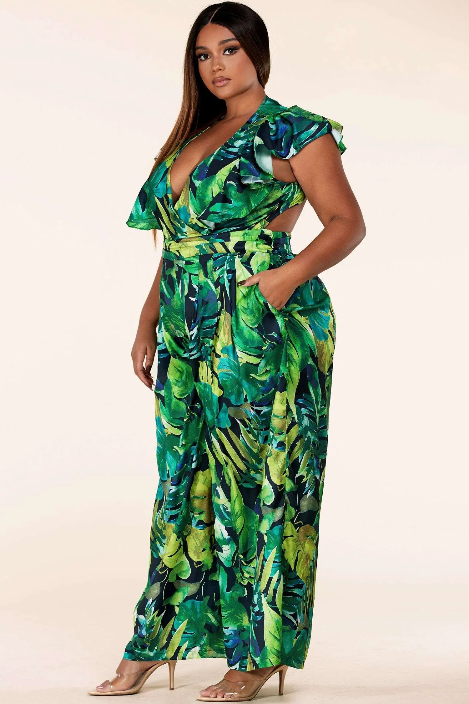 Fasheabe Forest leaf print cutout jumpsuit