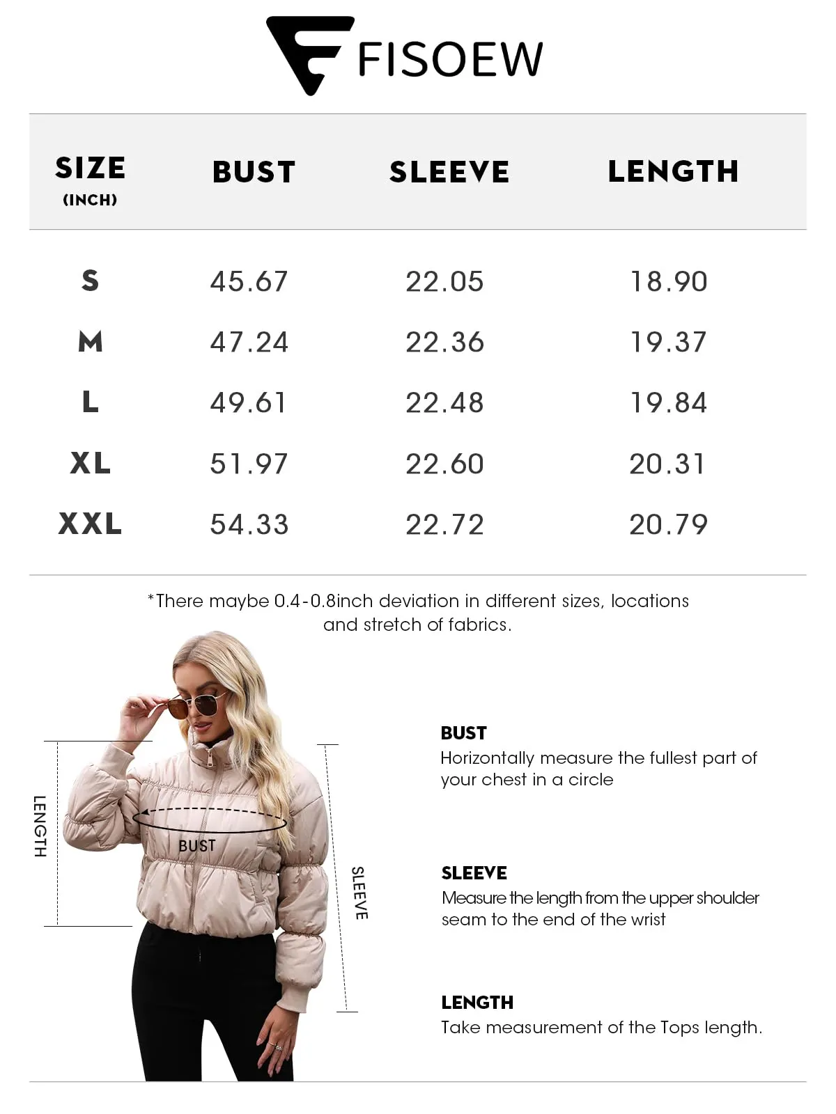 Fisoew Womens Cropped Puffer Jackets Zip Up Long Sleeve Lightweight Padded Coat Winter Warm Outerwear