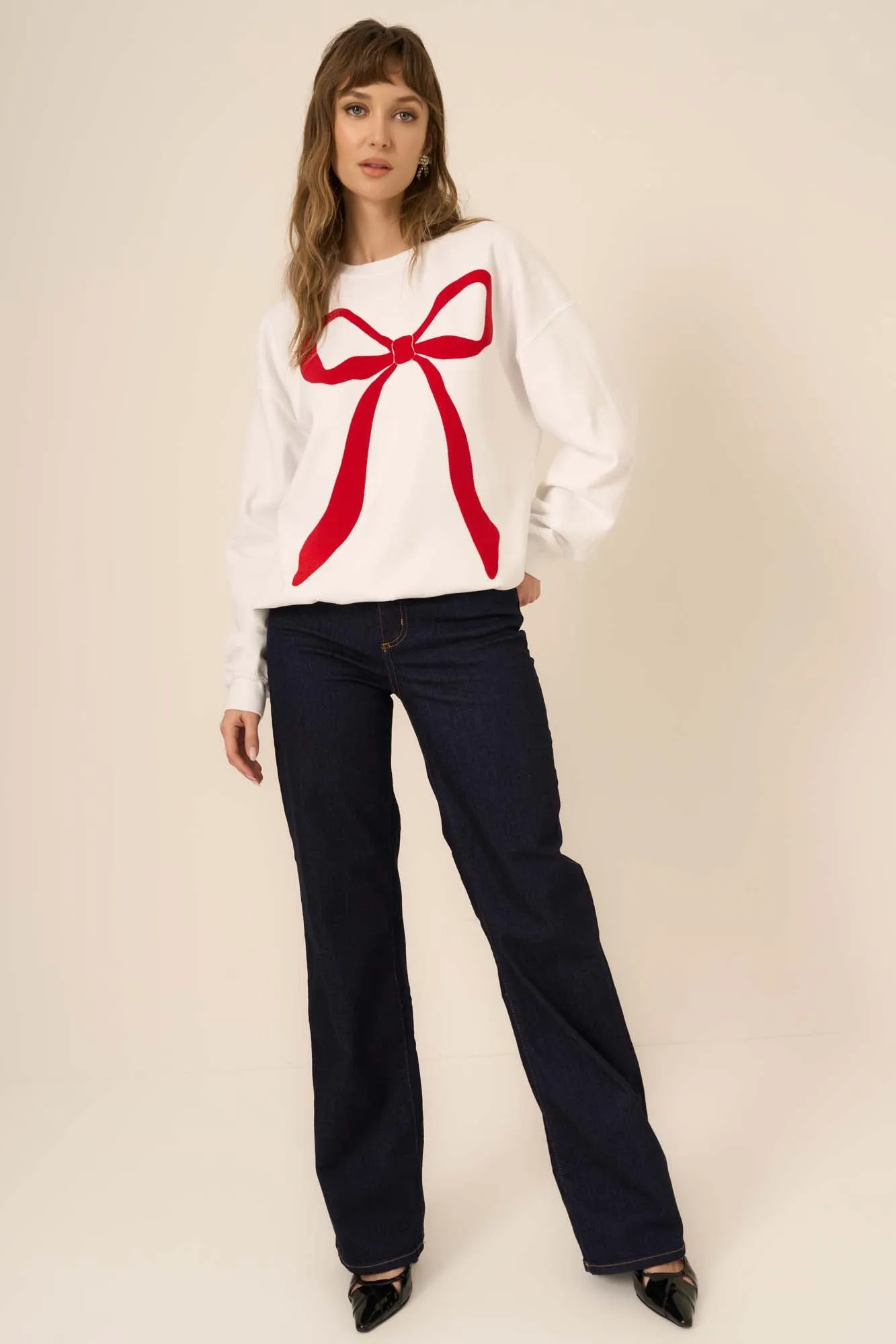 Flocked Bow Sweatshirt - White