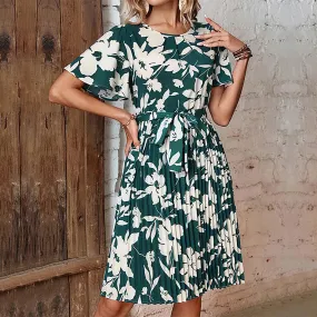 Floral Pleated Casual Bandage Green Beach Elegant Fashion Ruffle A-line Midi Vintage Dress