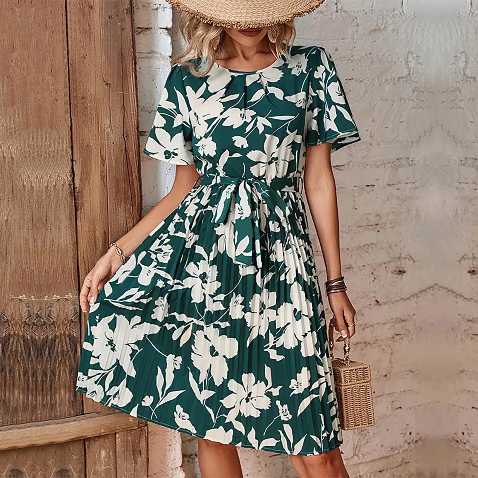 Floral Pleated Casual Bandage Green Beach Elegant Fashion Ruffle A-line Midi Vintage Dress