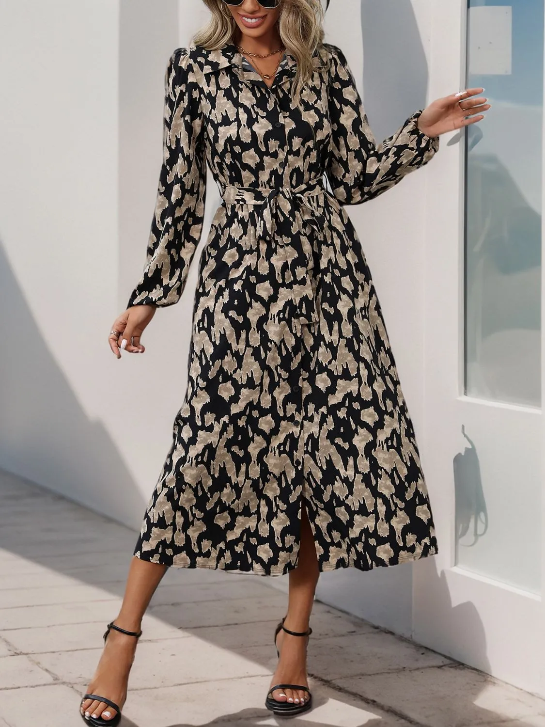 Floral Tie Waist Slimming Long Sleeve Midi Dress