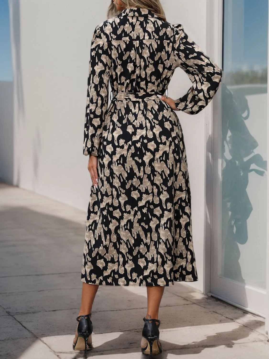 Floral Tie Waist Slimming Long Sleeve Midi Dress