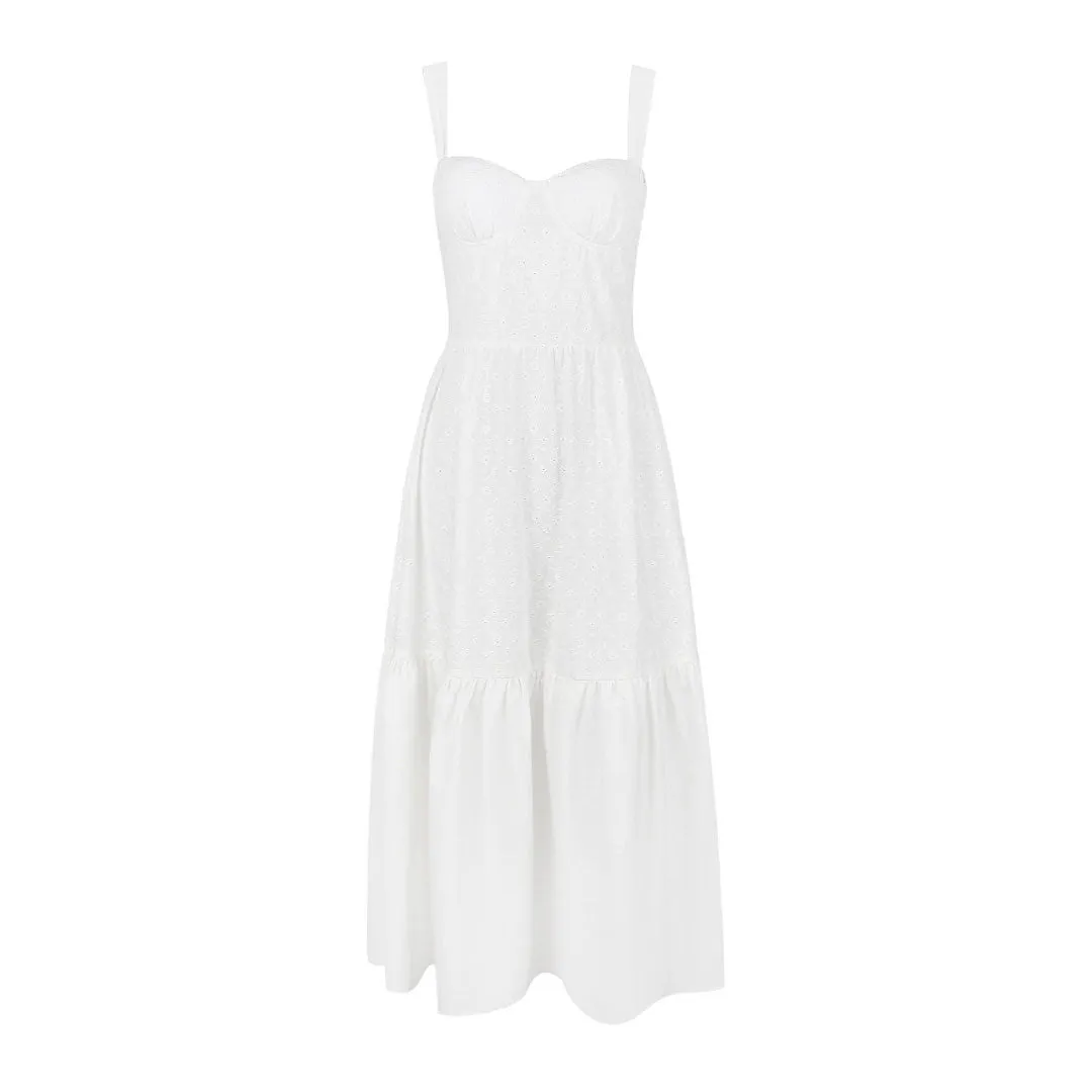 French Style Bustier Embroidered Broderie Anglaise Ruffled Midi Sundress