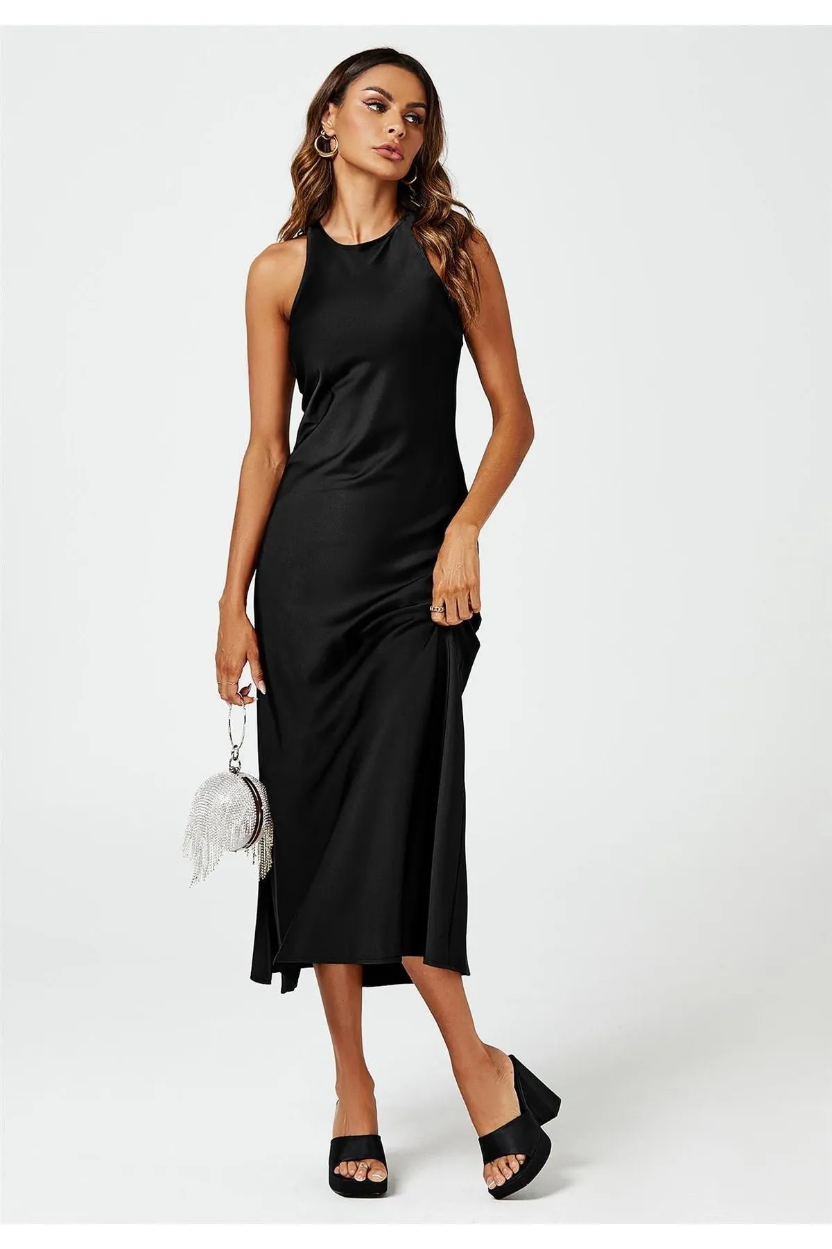 FS Collection Slim Fit Satin Midi Dress In Black