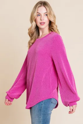 Fuchsia Puff Sleeve Ribbed Top