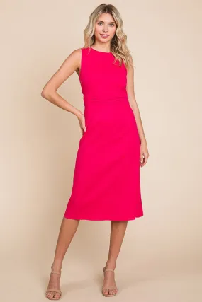 Fuchsia Sleeveless Tied Backless Pleated Midi Linen Dress